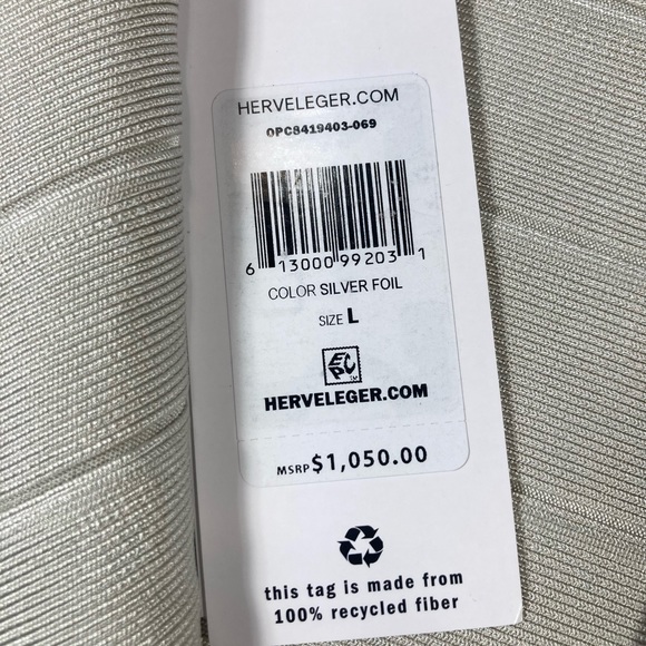 NWT Herve Leger Paris, Silver Foil Mini Dress, Size Large, MSRP $1,050.00 - Picture 10 of 15